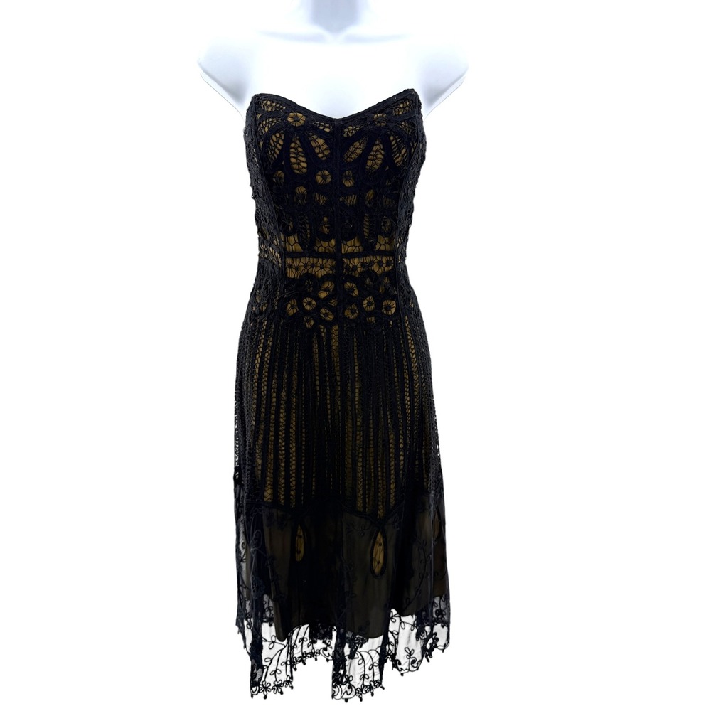 Vintage Betsey‎ Johnson Black Crochet Lace Strapless Dress Tan Lining Size 8 Y2K